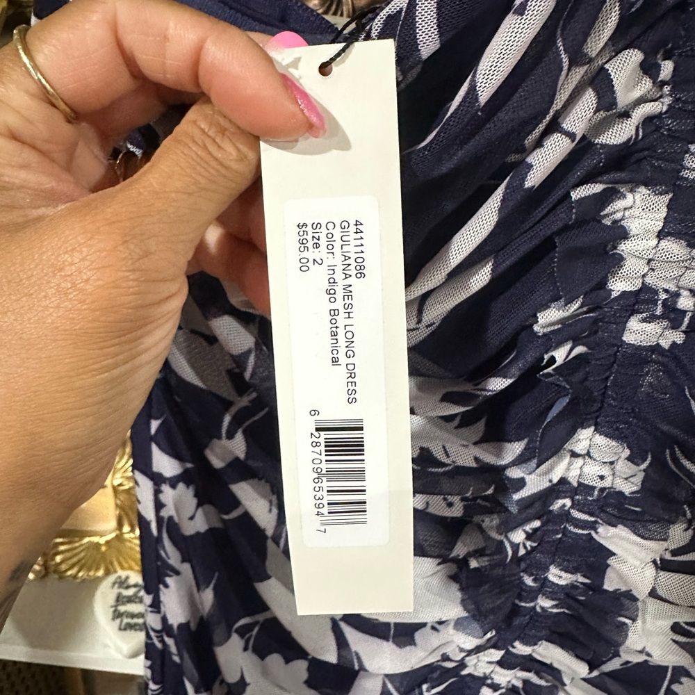 ML MONIQUE LHUILLIER
Giuliana Ruched Sleeveless Mesh Gown in Indigo Botanical - Picture 7 of 7